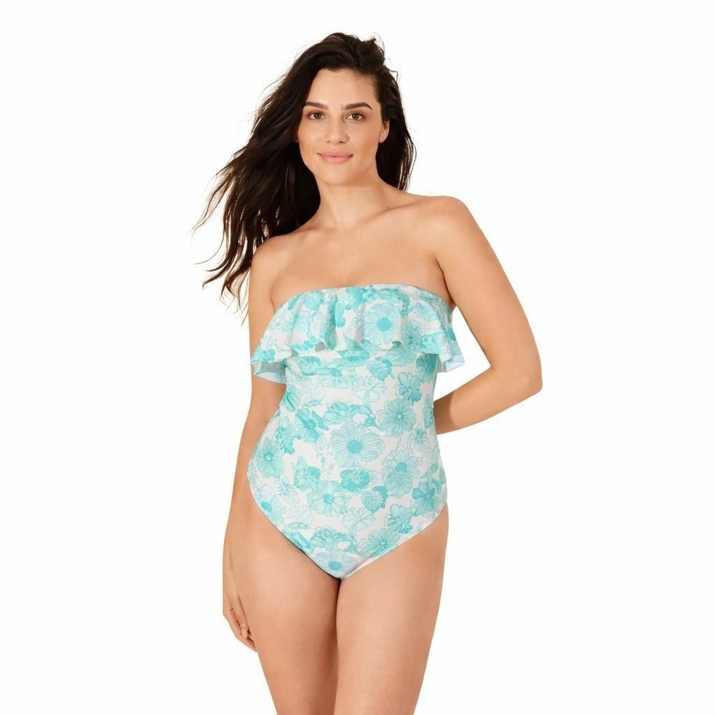Shade & Shore Floral Ruffle Bandeau Cheeky One Piece Swimsuit