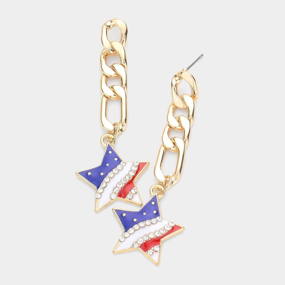 Women's Patriotic Star Drop Earrings with Gold Chain - Red White and Blue