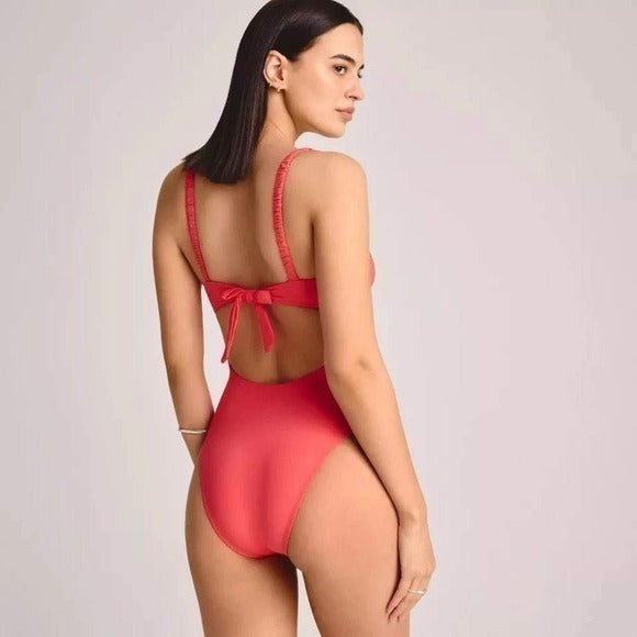 Vitamin A Coral Print Knot Front One Piece Swimsuit Coral Red Size L NWT