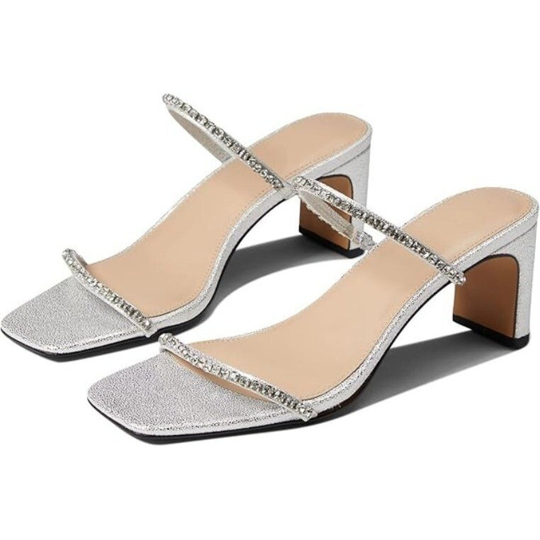 Silver high-heeled sandal with rhinestone details on a neutral background
