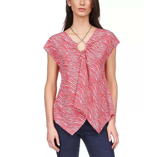 MICHAEL KORS Women's Blouse Zebra Chain Handkerchief-Hem Top Red Size XS