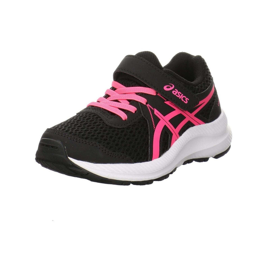 Black and pink running shoe with white sole on a white background