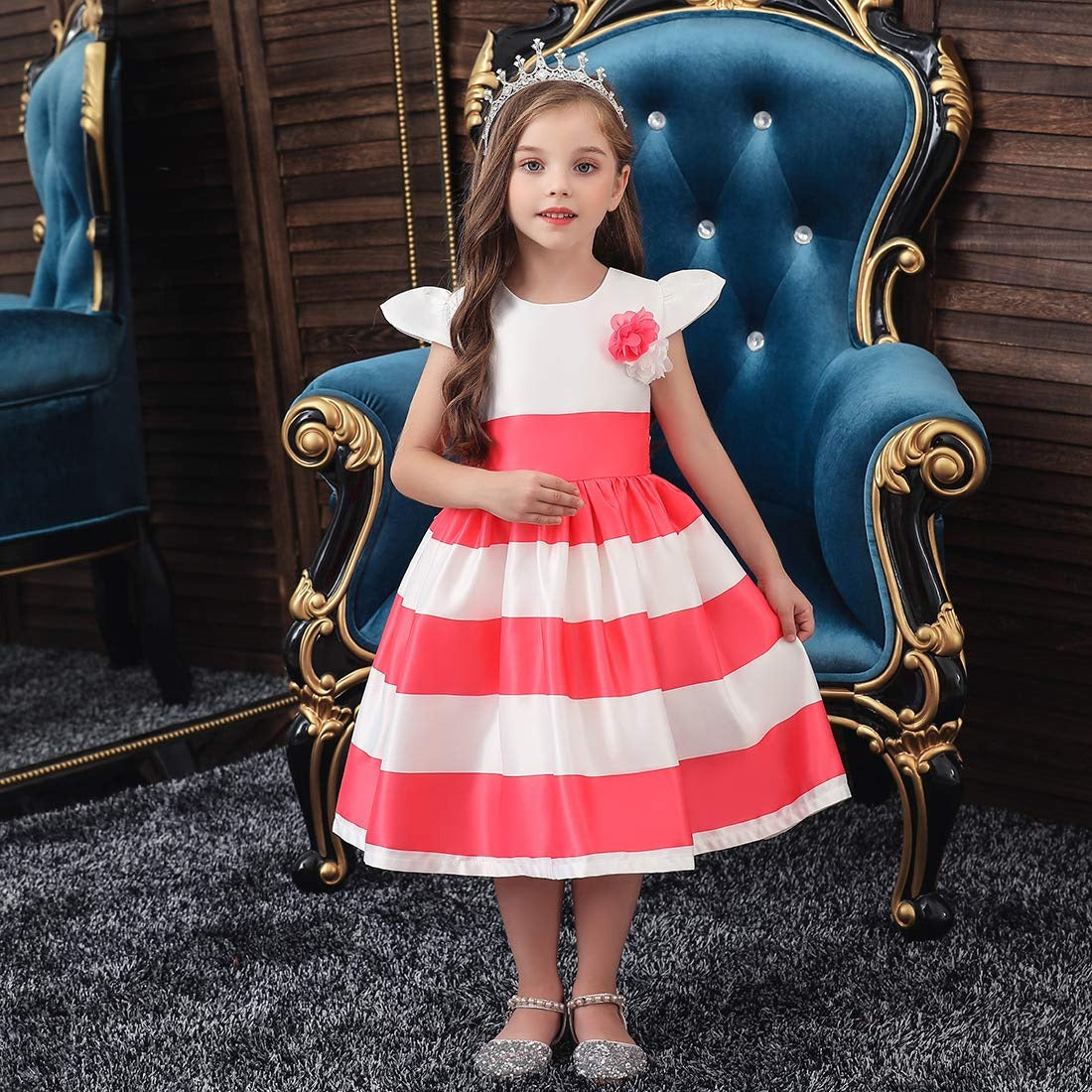 Girls' Formal Dress, Size 6 Striped Coral & White Dress for Weddings or Party