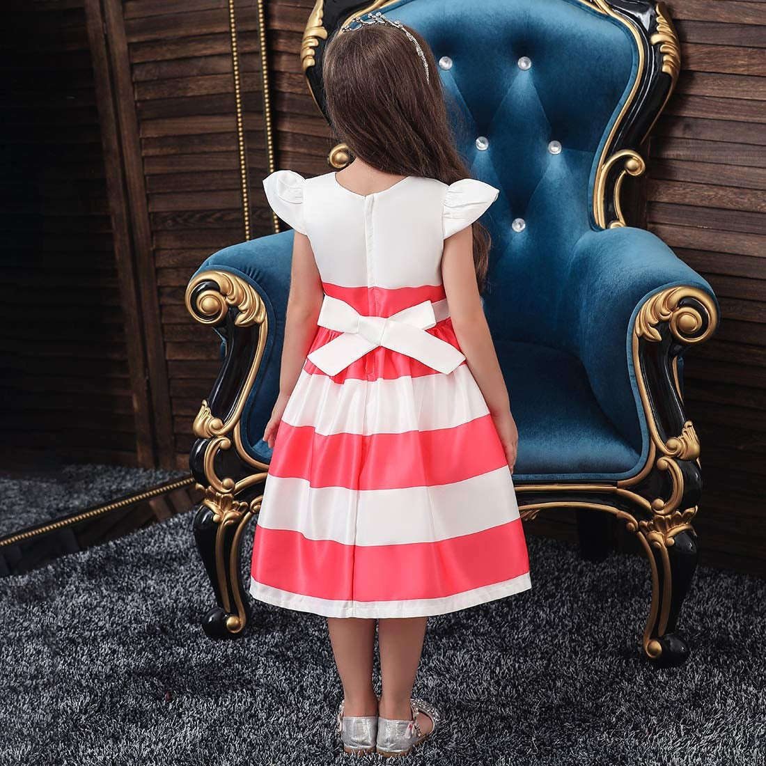 Girls' Formal Dress, Size 6 Striped Coral & White Dress for Weddings or Party