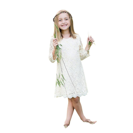 Beige toddler girl lace dress with 3/4 sleeves, delicate embroidered lace overlay, and scalloped lace trim. Available in sizes 3 and 5, the dress features a high-quality cotton slip and a convenient pull-on closure. Perfect for special occasions