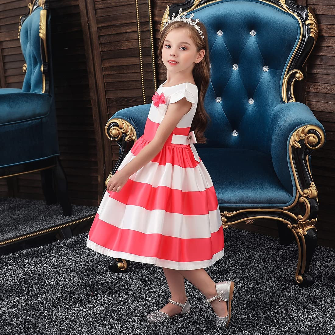 Girls' Formal Dress, Size 6 Striped Coral & White Dress for Weddings or Party