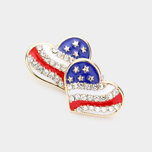 Women's Patriotic Earrings - American USA Flag Enamel Heart Stud