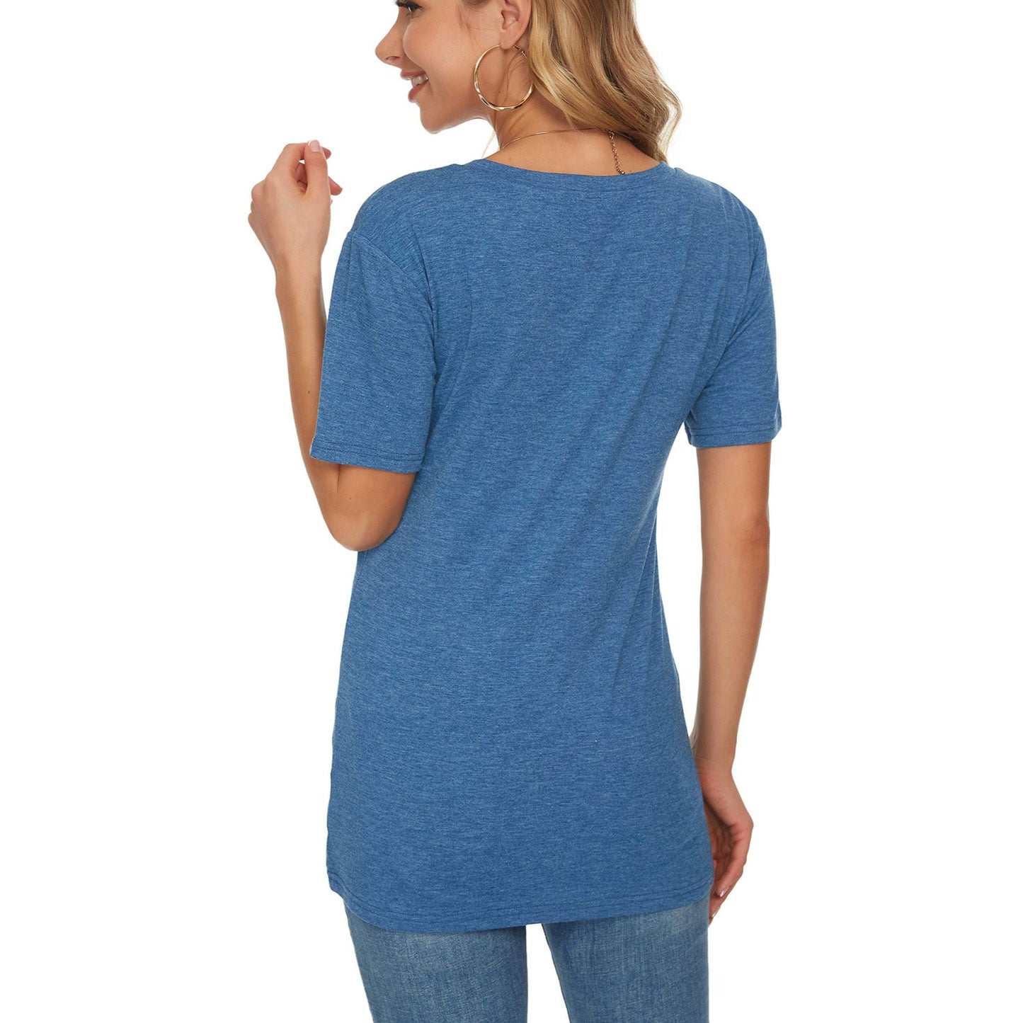 Women's Short Sleeve V-Neck Casual Tee with Pocket - Blue, XXL