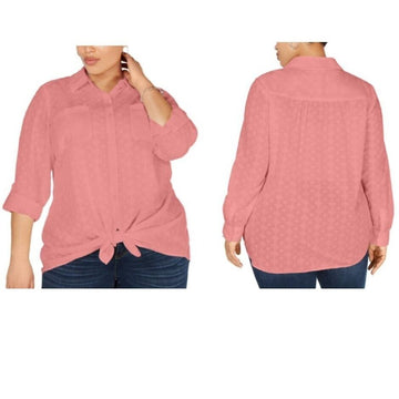 Style & Co Women's Button Down Shirt - Peach Berry Cotton Tie Front Shirt - 0X