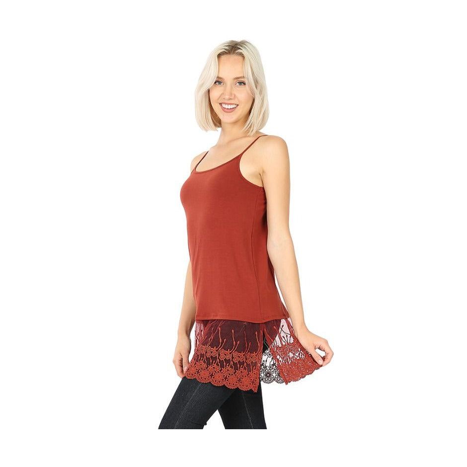 Zenana Women's Long Line Lace Bottom Tank Top with Spaghetti Straps