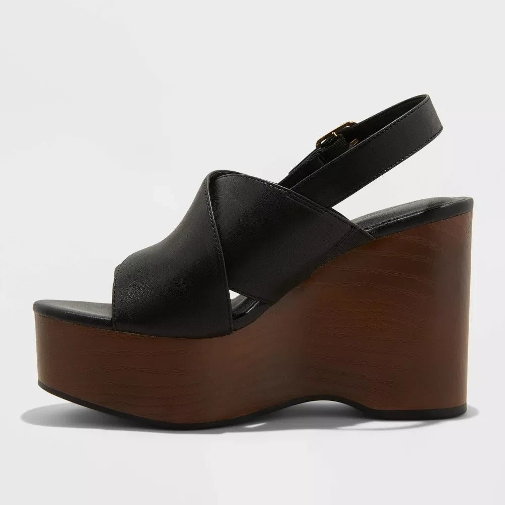 Women’s Naomi Black Wedge Sandals Crisscross Strap