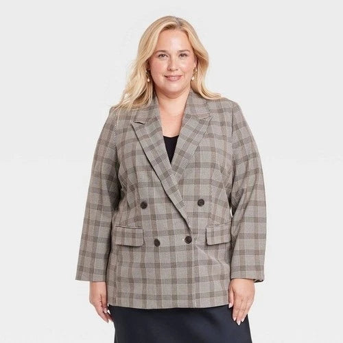A New Day Womens Double-Breasted Plaid Blazer Brown XXL New With Tags